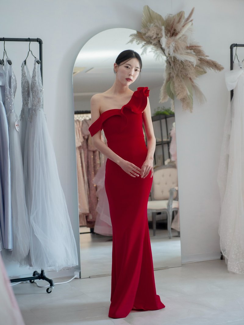 荷叶边不对称连身礼服 - 晚装/礼服 - 聚酯纤维 红色