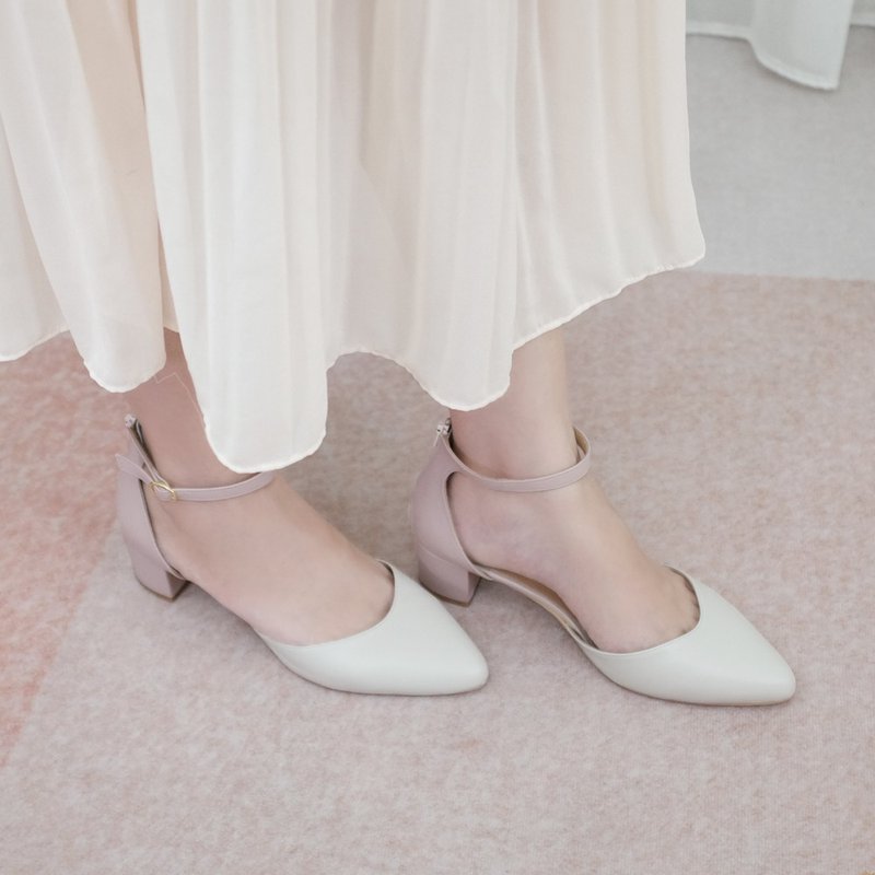 后拉链设计! 不掉脚尖头中跟鞋 粉 全真皮 MIT -草莓派 - 高跟鞋 - 真皮 白色