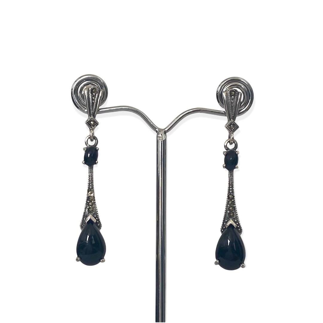 Art Deco Style Long Teardrop Earrings Black Onyx & Marcasite 925 Sterling Silver - 耳环/耳夹 - 纯银 黑色