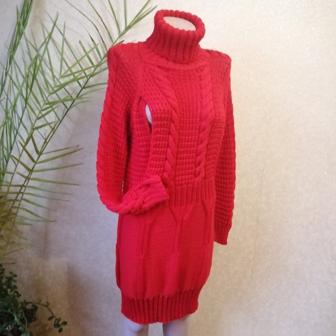 红色女式针织护理服羊毛毛衣高领孕妇长袍辫子 - 其他 - 羊毛 红色