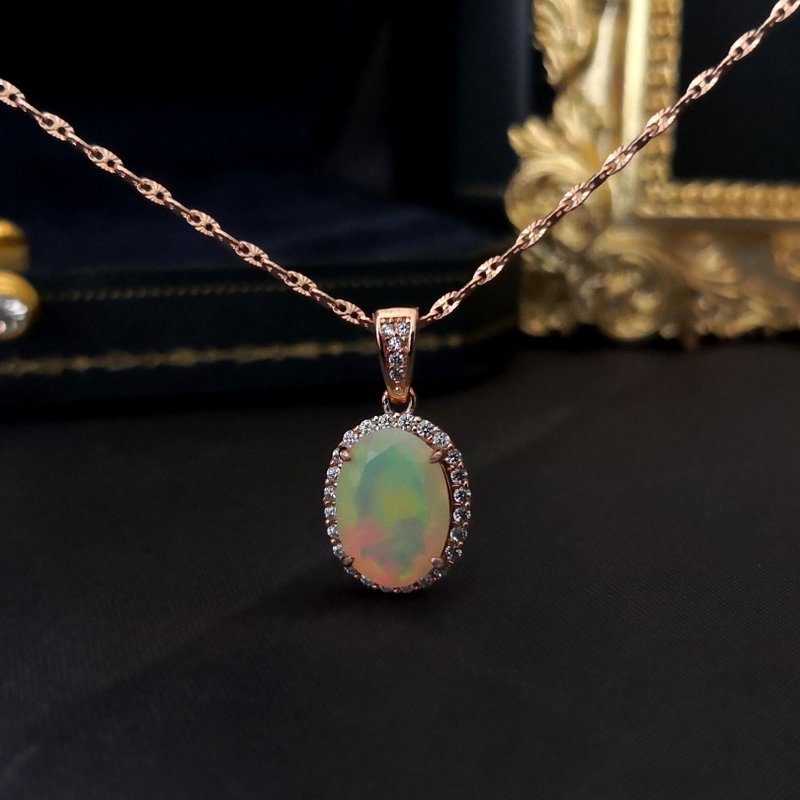 天然蛋白石 稀有刻面 变彩生动 古典玫瑰金色 纯银项 礼物首选 - 项链 - 纯银 透明