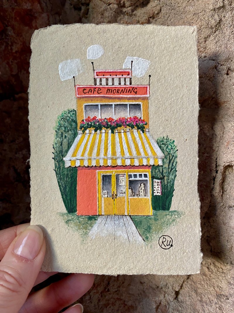咖啡馆绘画 原创艺术 Rubinova 再生纸上的迷你艺术品 - 海报/装饰画/版画 - 纸 多色