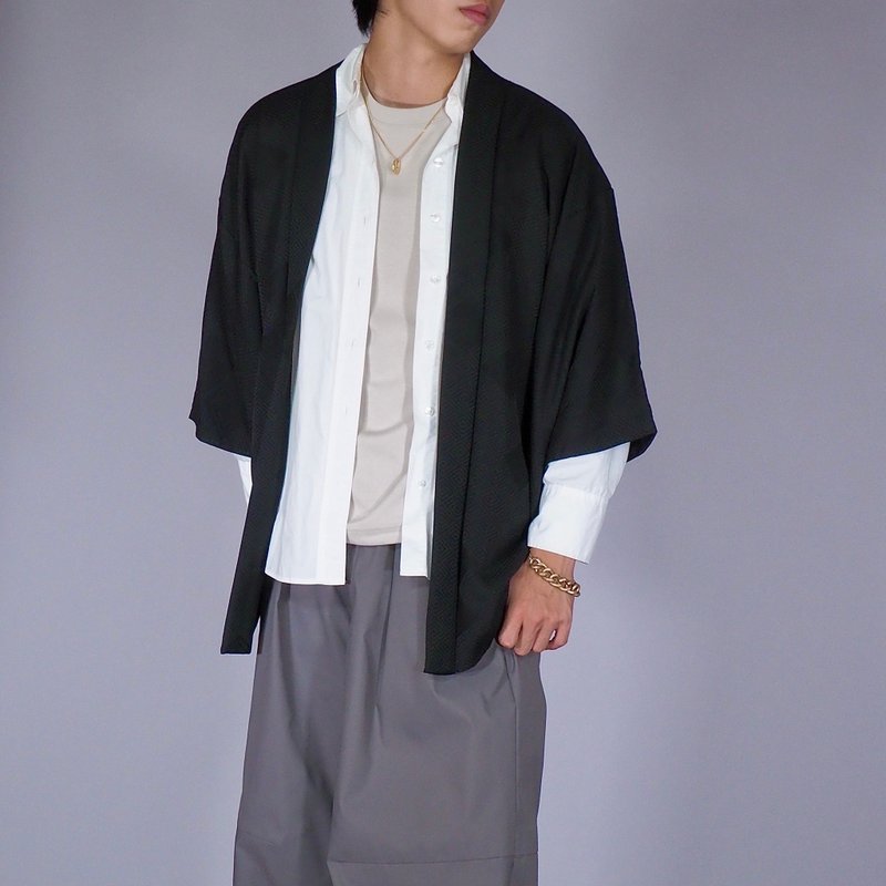 【日本制造】80 年代复古黑色外套男式、和服夹克、吉祥图案 - 男装外套 - 丝．绢 黑色