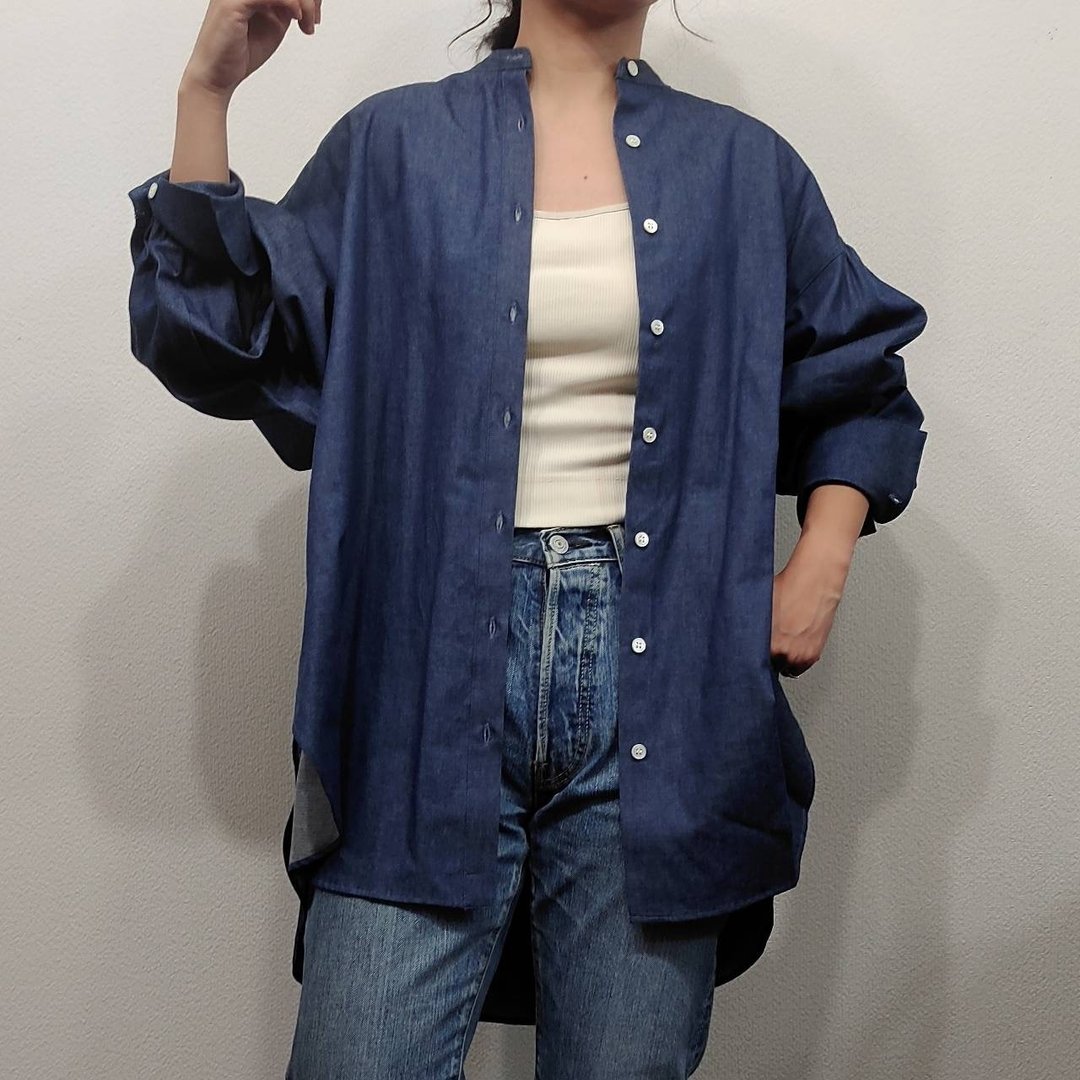 日本制 棉质 宽袖衬衫 罩衫 立领 条纹蓝 - 女装衬衫 - 其他材质 蓝色