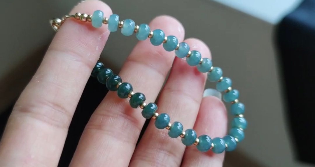 危地马拉翡翠A货-冰蓝水渐变翡翠14k包金手链 天然石 礼物 JADE - 手链/手环 - 玉石 蓝色