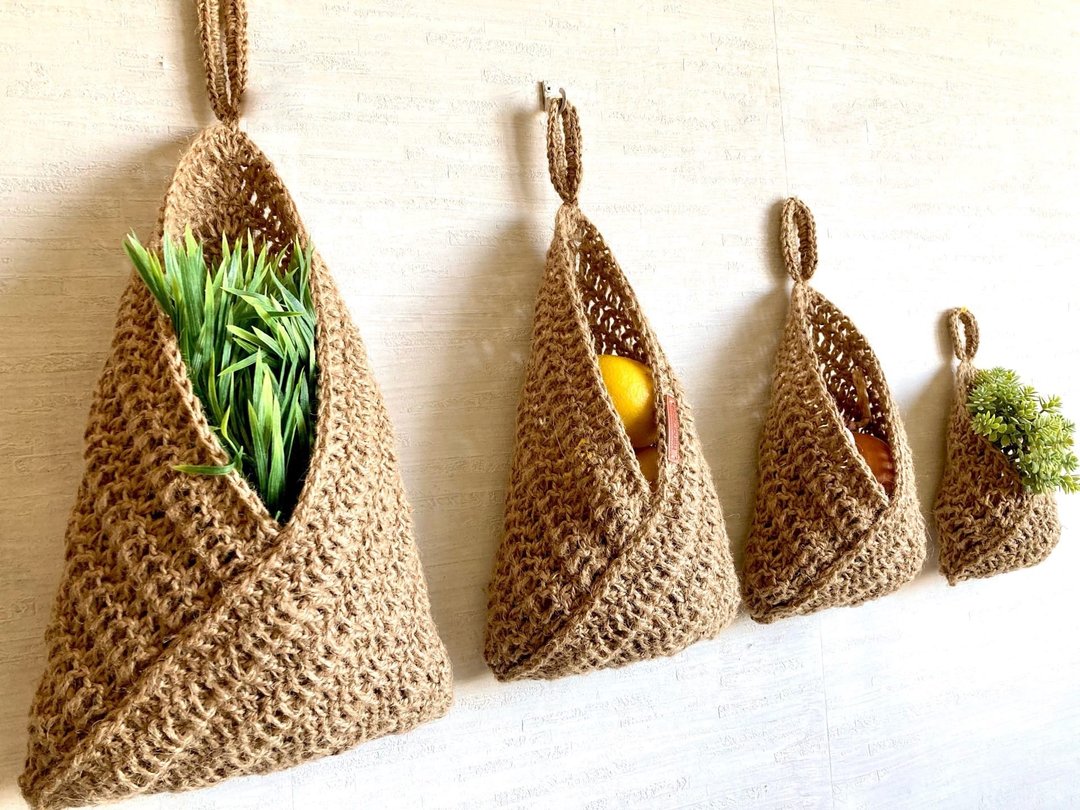 Hanging Fruit Basket set 4 Saving Kitchen Counter Zero Waste Kitchen storage - 调味罐/酱料瓶 - 环保材料 咖啡色