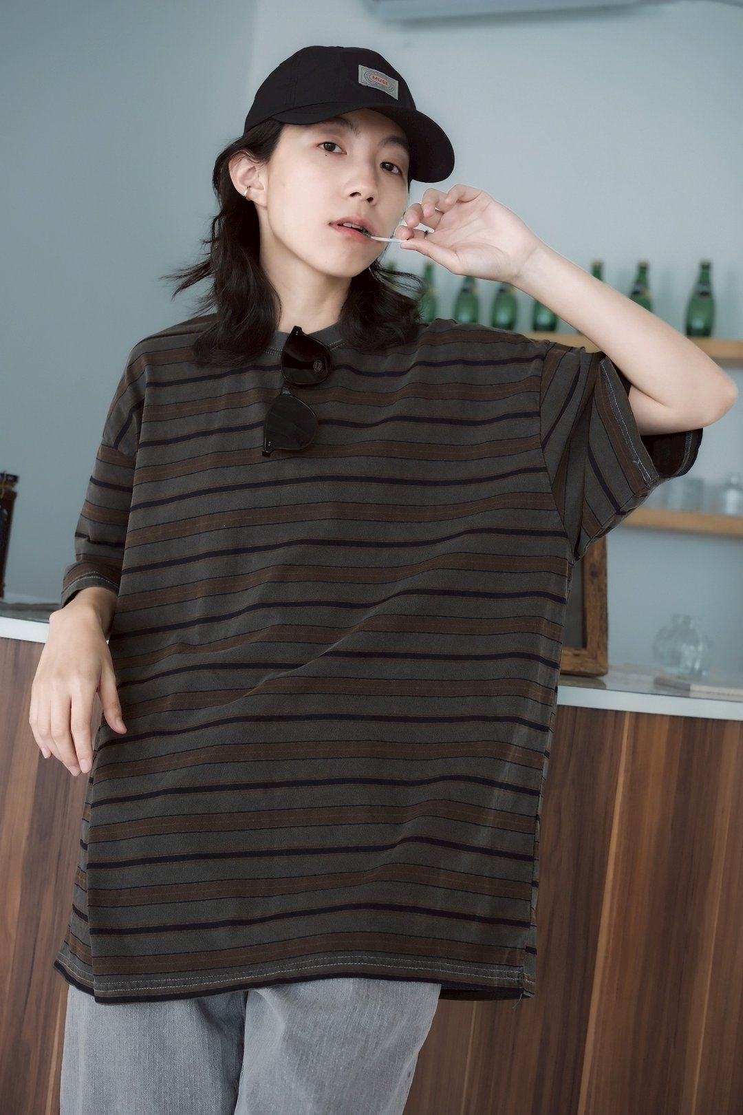 巴拿马重工洗粗条纹TEE - 女装 T 恤 - 棉 黑色