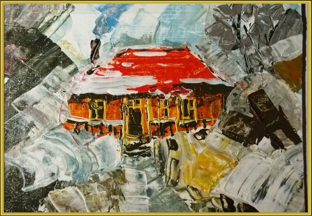 冬季山水林中屋小图雪中屋油画 - 墙贴/壁贴 - 其他材质 卡其色