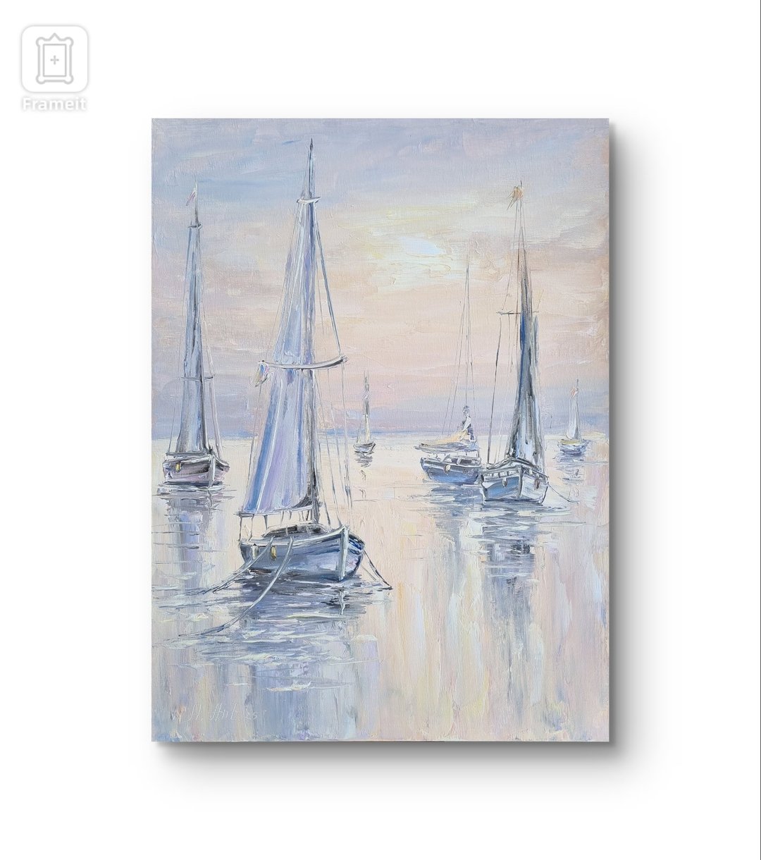 海景油画原创艺术帆船艺术品厚涂画 - 墙贴/壁贴 - 棉 灰色