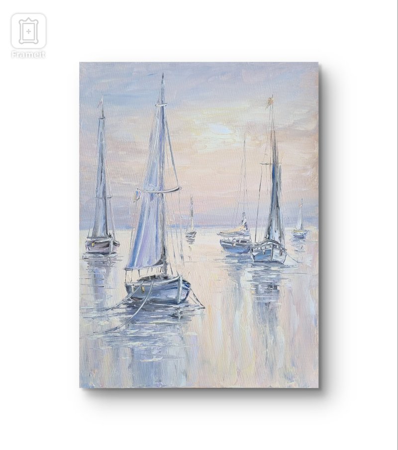 海景油画原创艺术帆船艺术品厚涂画 - 墙贴/壁贴 - 棉．麻 灰色