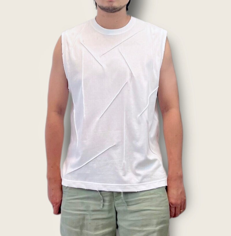 咻咻重磅抓折纯棉白背心  日系 - 男装背心 - 棉．麻 白色