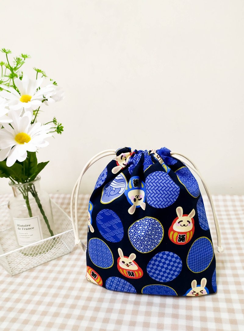 集福系列立体束口袋/旅行收纳袋/万用防尘袋/旺福小兔款 - 束口袋双肩包 - 棉．麻 蓝色