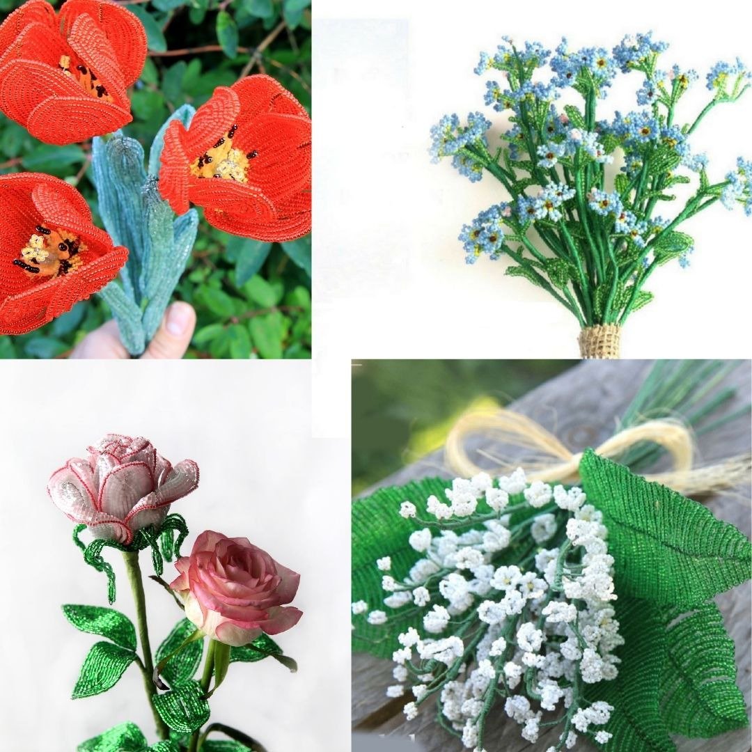 Digital Download - PDF | Beaded Flowers pattern | Tulip, forget-me-not, rose, li - 手工艺教程/工具书 - 其他材质 