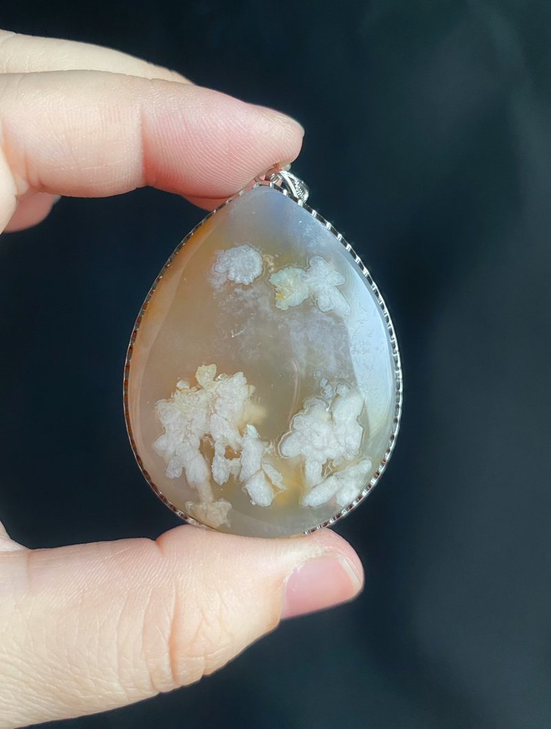樱花玛瑙 西柚色 油画 S925 银镶拖 项链 闺密 天然石 礼物 - 项链 - 水晶 橘色