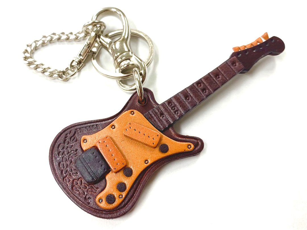 GENUINE 3D LEATHER ELECTRIC GUITAR HANDMADE LEATHER GOODS/BAG CHARM - 钥匙链/钥匙包 - 真皮 咖啡色