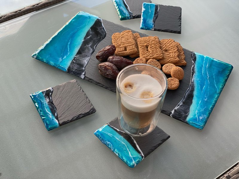 Beach slate coasters and resin ocean cheese board  海洋 3d列印 餐盤 盤子 砧板 切菜板 杯墊 藍染 - 盘子/餐盘/盘架 - 树脂 蓝色