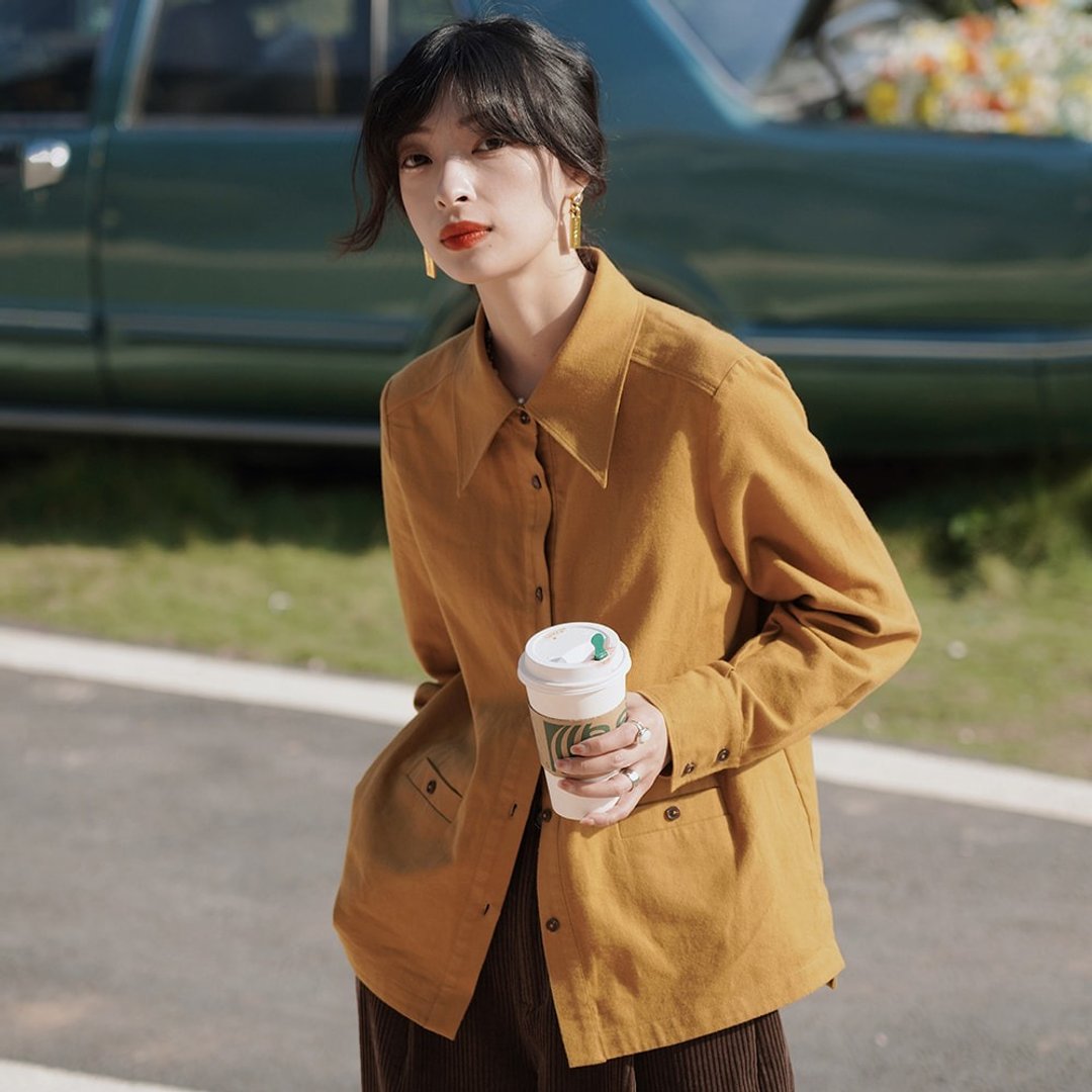 姜黄色法兰绒大翻领衬衫|衬衫|秋冬款|Sora-848 - 女装衬衫 - 棉 橘色