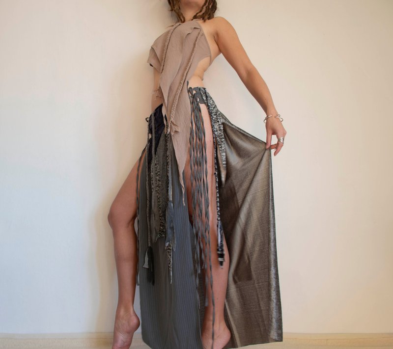 长款银色开衩裙，绑带裙，部落节庆服饰 - 裙子 - 其他材质 银色