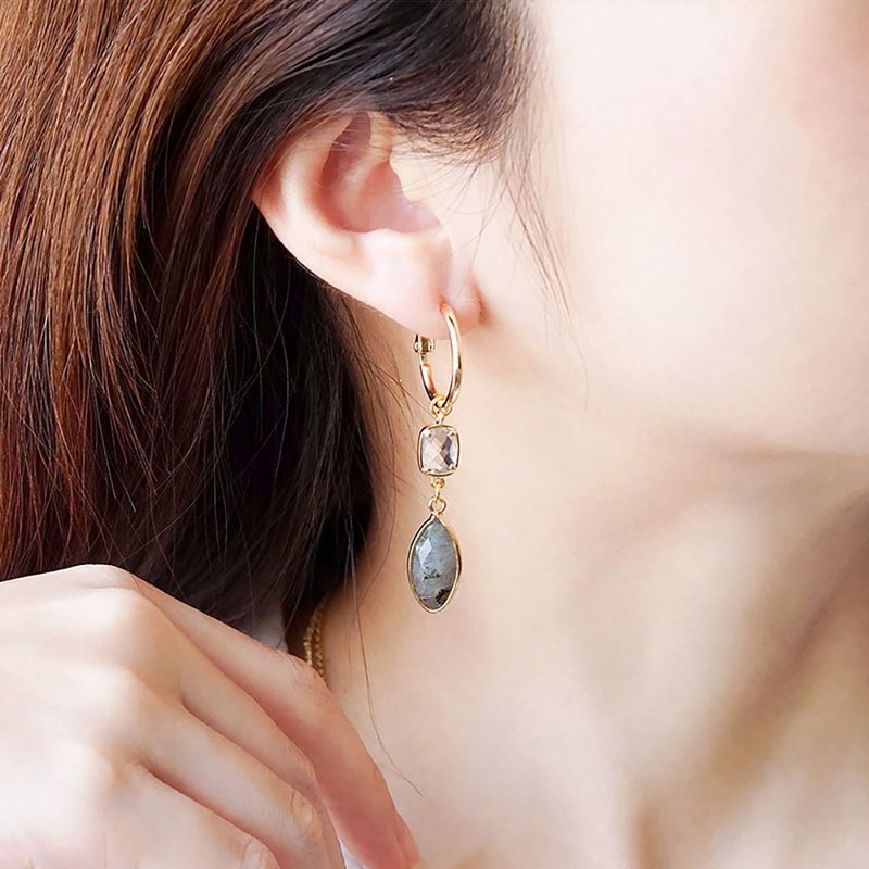 正能量 x 拉长石 水晶 手作  18K金 可改夹 灰 【莉莉安】 耳环 - 耳环/耳夹 - 宝石 