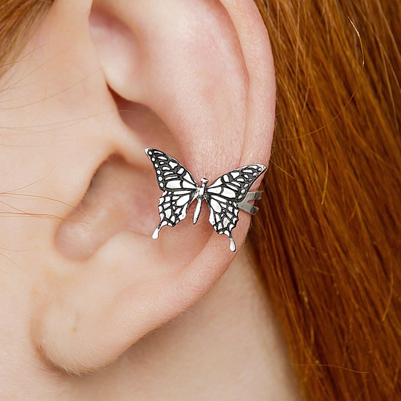 Butterfly ear cuff silver no piercing - 耳环/耳夹 - 纯银 银色