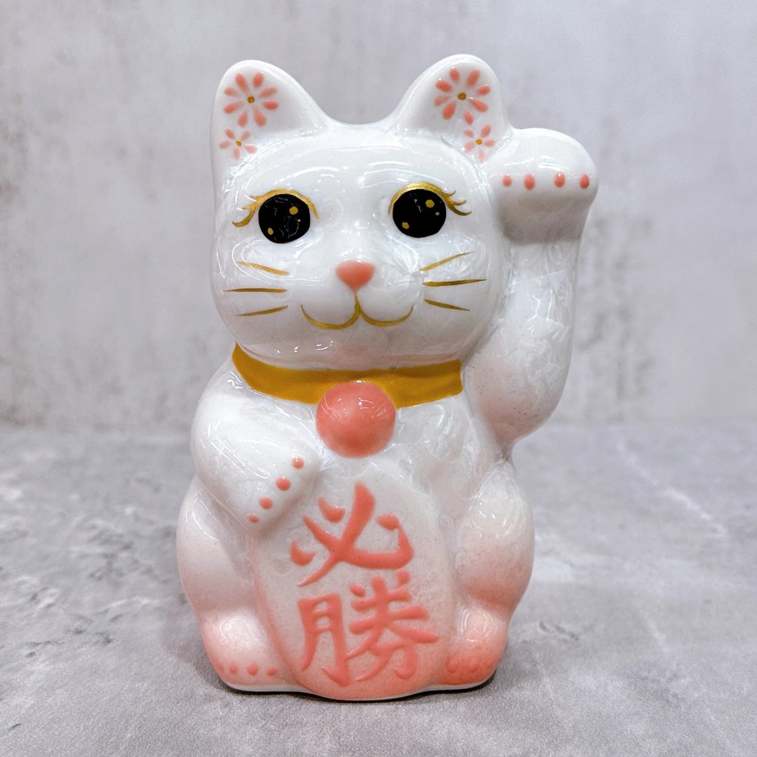 【晶彩必胜】日本清水烧招财猫 | 花结晶 桃白 必胜 左 特小 - 摆饰 - 瓷 白色