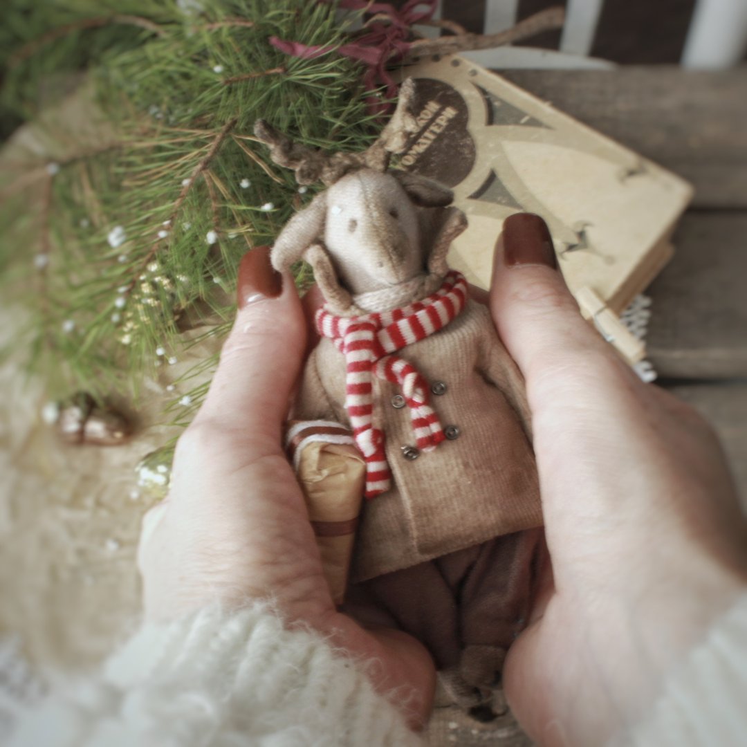 Miniature teddy, Christmas teddy deer, teddy deer ooak, teddy deer Rufus - 玩偶/公仔 - 其他材质 