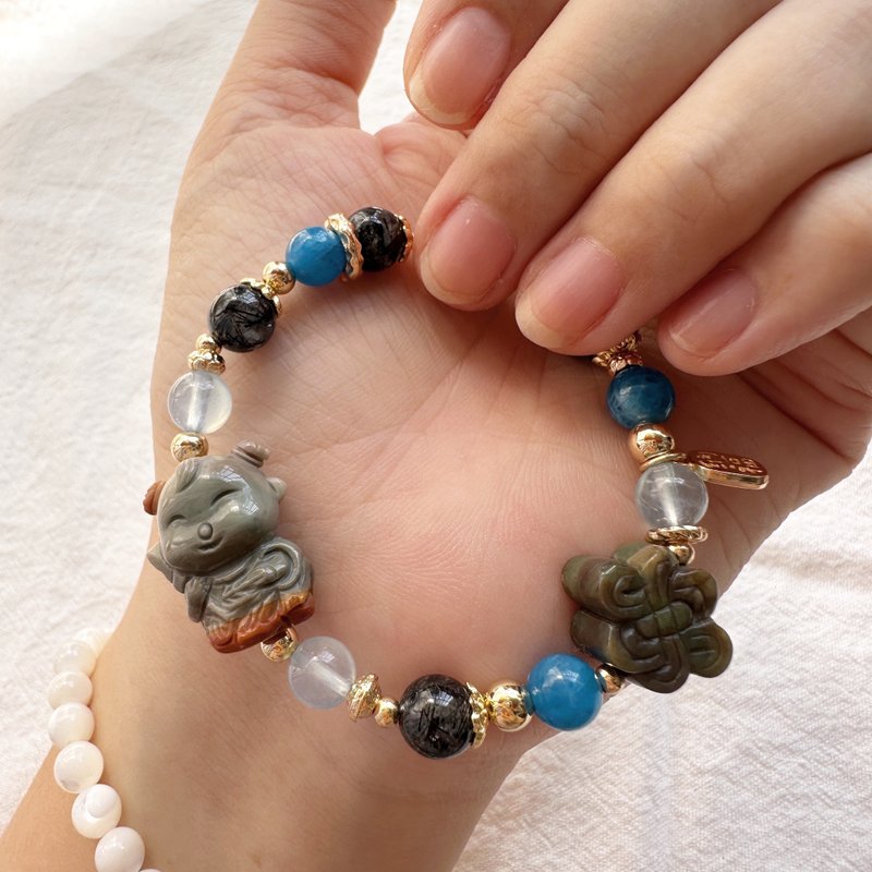 福气小童心 三太子手链 阿拉善手工雕刻 海蓝宝 蓝磷灰 黑发晶 - 手链/手环 - 半宝石 蓝色