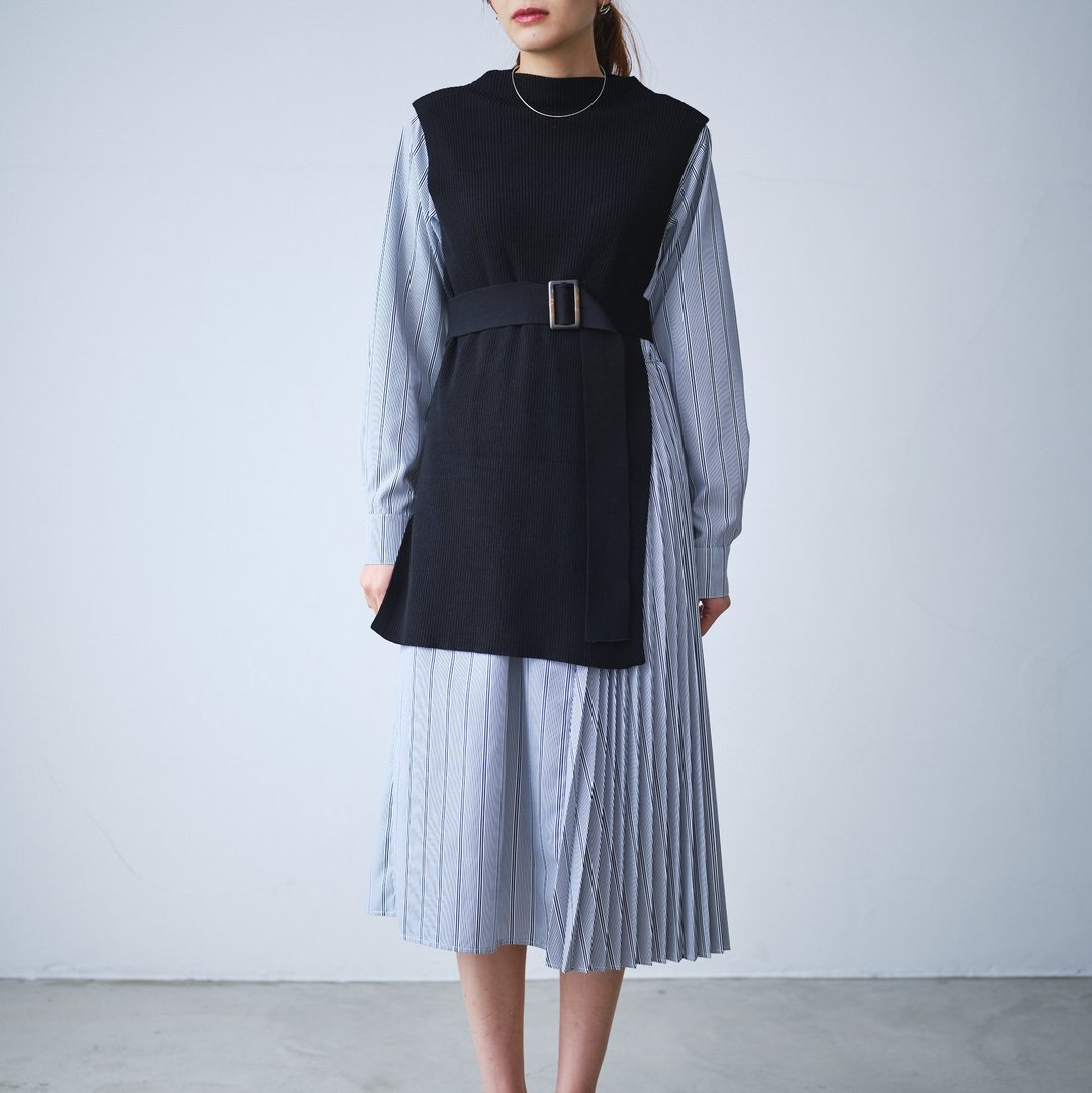 Knit layered pleats OP CA0S-O170 - 洋装/连衣裙 - 聚酯纤维 