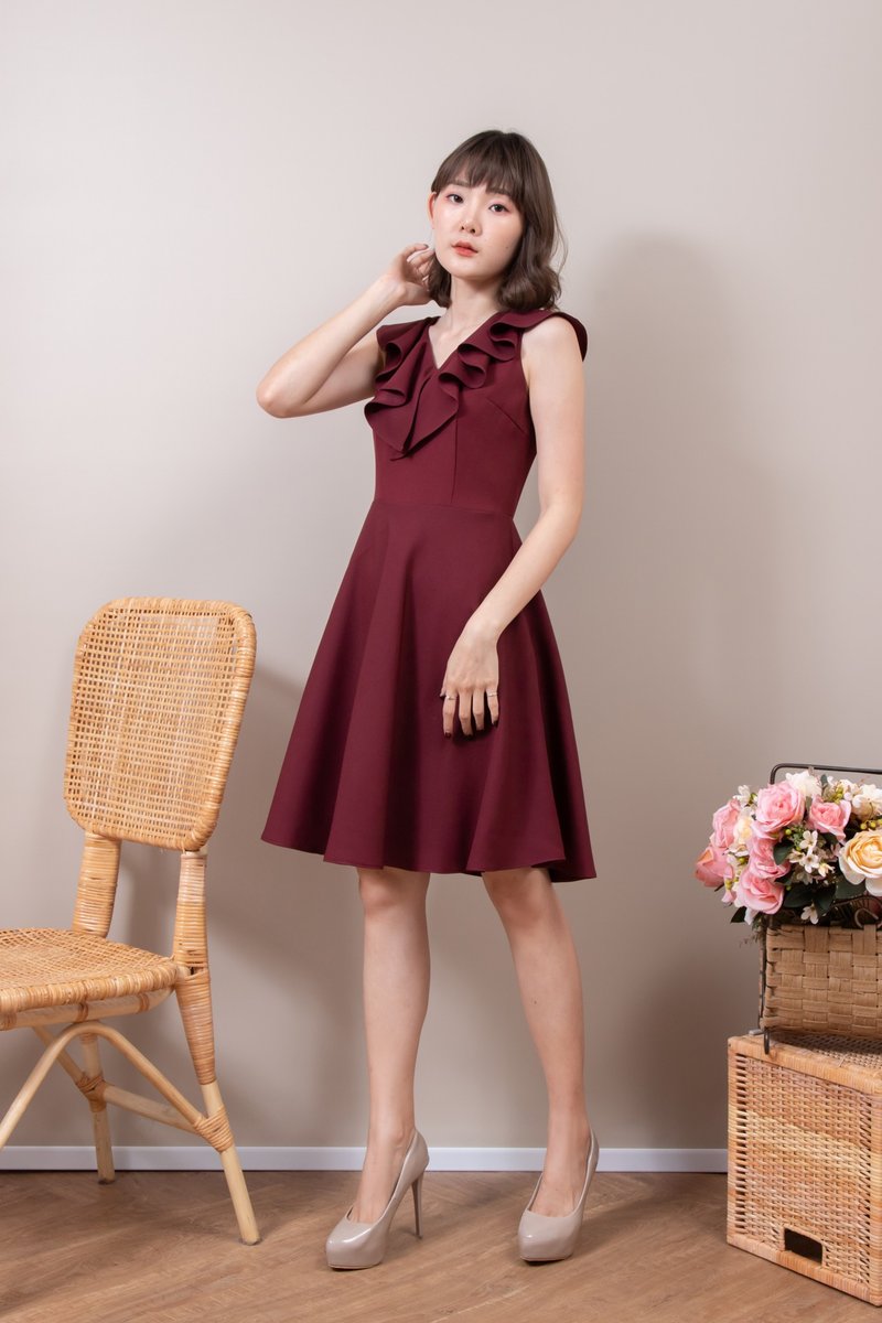 酒红色晚宴礼服 / Maroon Burgundy 派对礼服 / 婚礼礼服 / 伞裙 Blake 礼服 - 洋装/连衣裙 - 聚酯纤维 红色