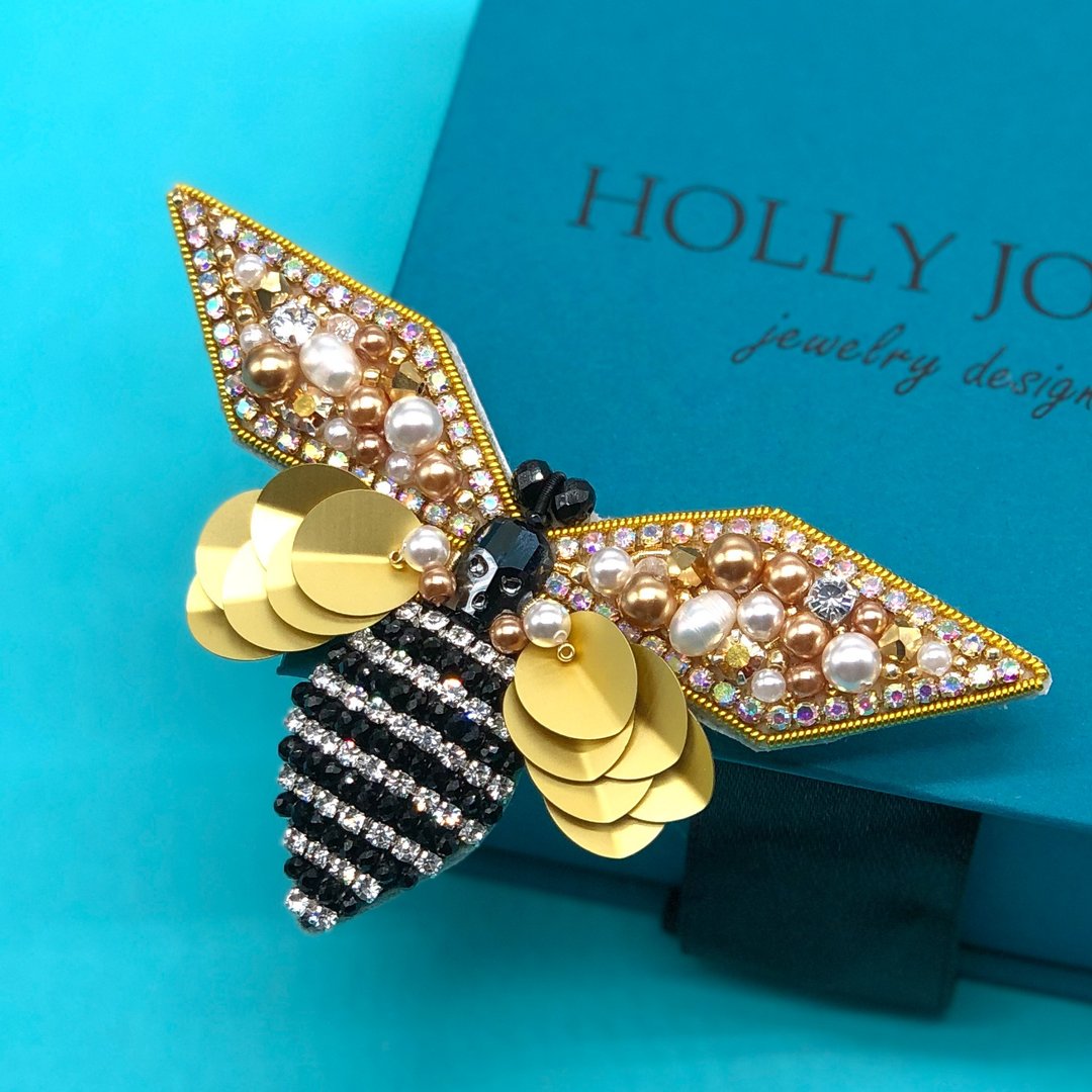Gold bee brooch Deaths head moth Hawk moth brooch Beaded brooch - 胸针 - 其他材质 金色