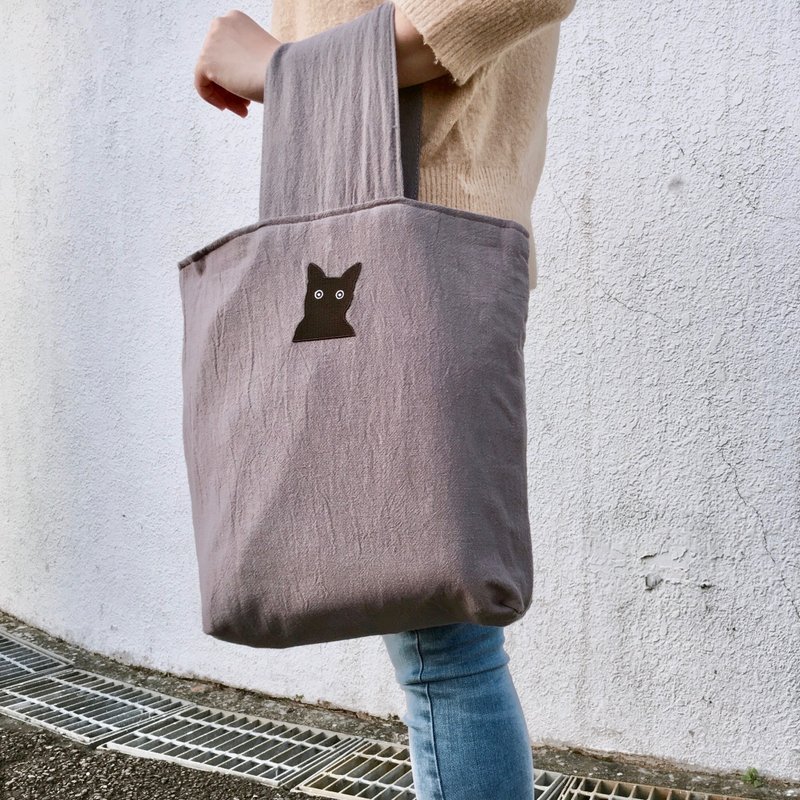 犀利希莉小猫贴布棉麻帆布复古包型手提包 灰色 A4 双层布 内袋 磁扣 大容量 情人节 - 手提包/手提袋 - 棉 灰色