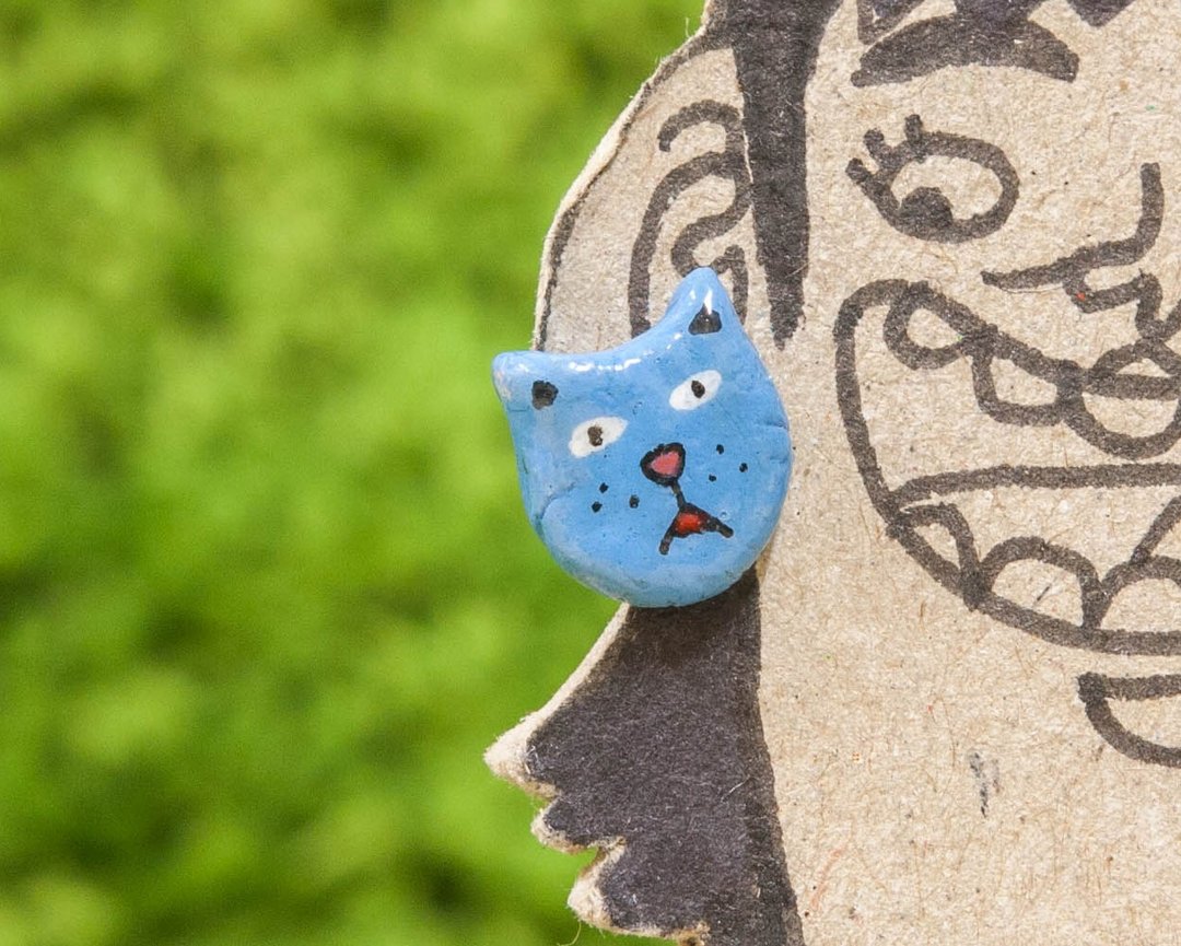 交换礼物、圣诞节【手工制作_耳针式耳环】┤耳针/耳钉earring、独一无二、猫咪、蓝├MKAC - 耳环/耳夹 - 粘土 蓝色