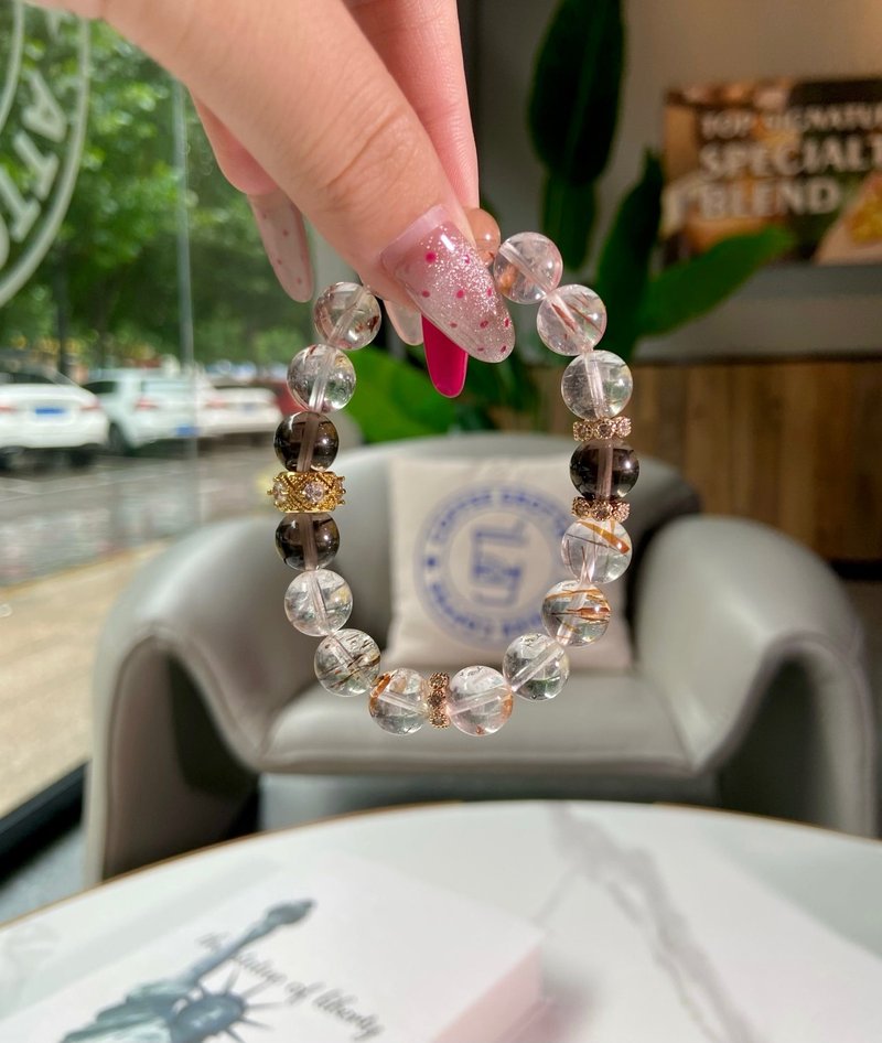 暗宙金芒 茶晶 黑金超七水晶手链 稳定情绪 招财 提升能量情侣款 - 手链/手环 - 玉石 