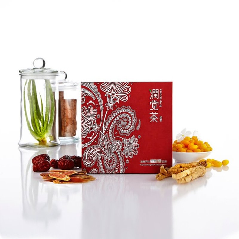 【茶宝 润觉茶】滋养再生生物纤维面膜(1盒-3片入) - 精华液/安瓶 - 植物．花 红色