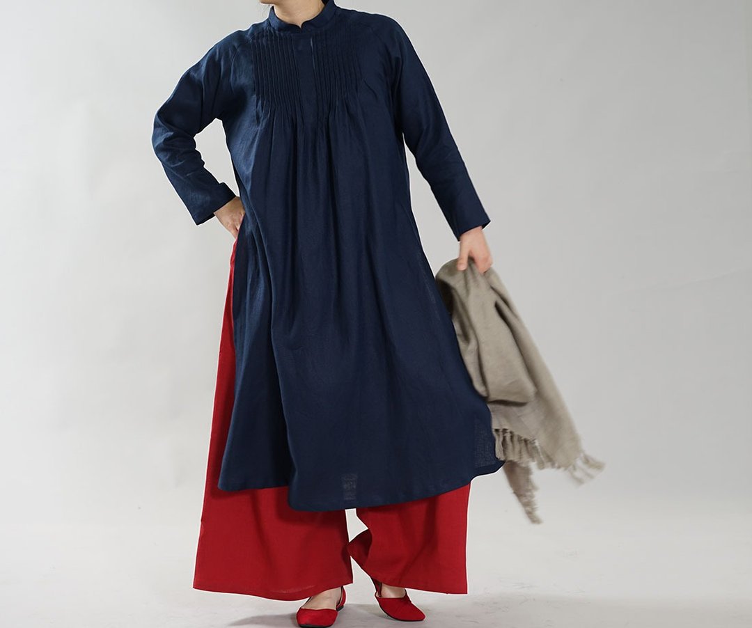 wafu  Linen dress / long sleeve / stand collar / side slit / navy a089a-obn1 - 洋装/连衣裙 - 棉 蓝色