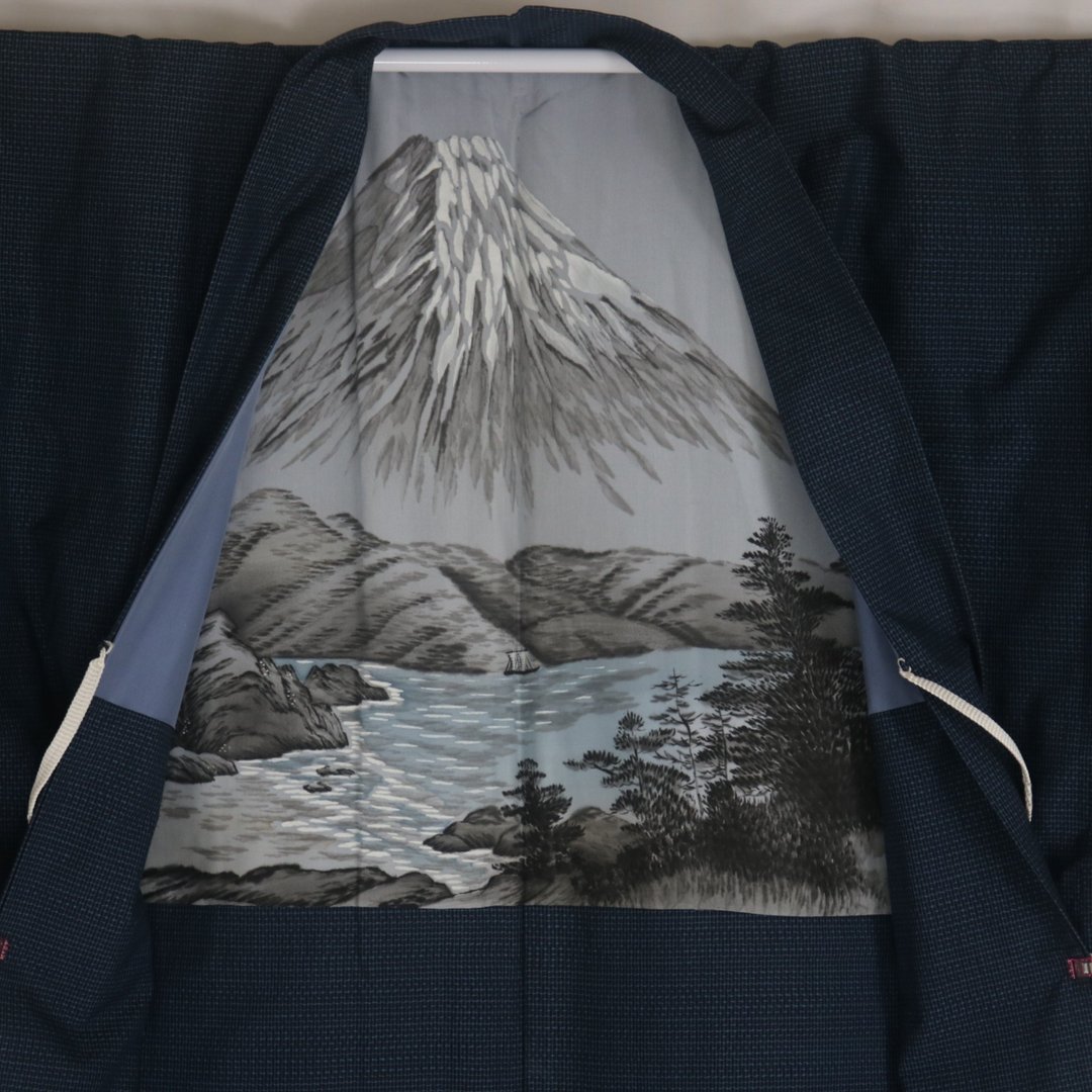 复古男士深蓝色羽织 和服外套 | 富士山松树图案内里 | 附羽织绳 - 女装休闲/机能外套 - 其他材质 蓝色