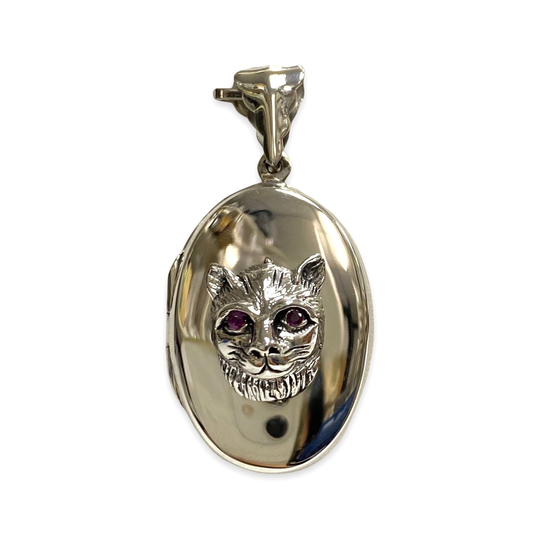 Victorian Style Cat Head Oval Locket Pendant with Ruby Stone 925 Sterling Silver - 项链 - 纯银 银色