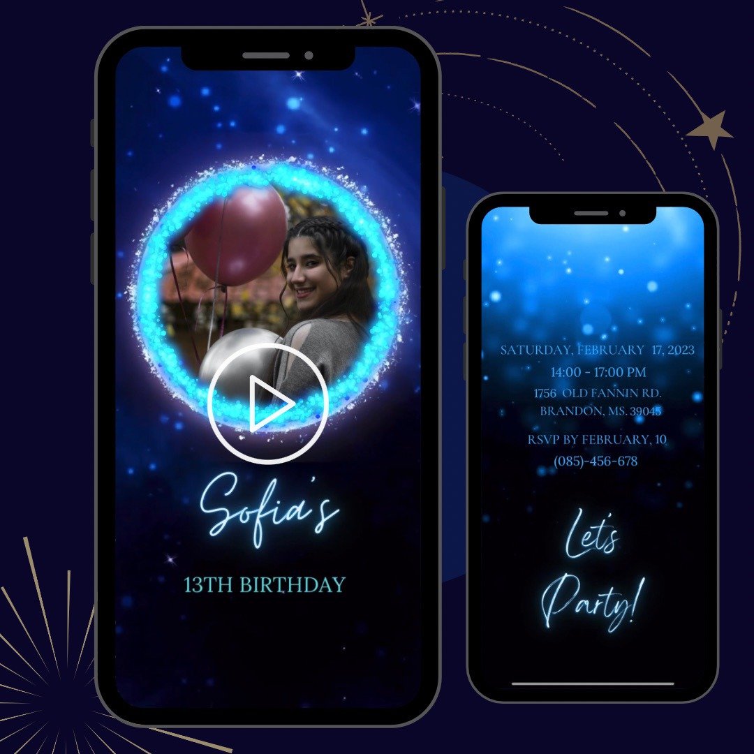 Neon animated invitation, Glitter Birthday Video invitation, Personalized invite - 电子喜帖/贺卡/邀请函 - 其他材质 