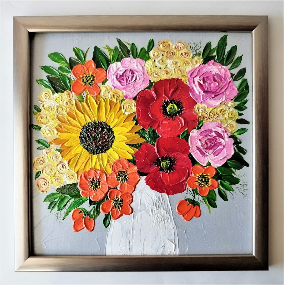 Textured Acrylic Painting Bouquet of Wildflowers in a Vase - Floral Art - 墙贴/壁贴 - 压克力 多色