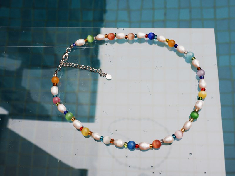 Cat eyes stone with Fresh water pearl Necklace - 项链 - 石头 多色