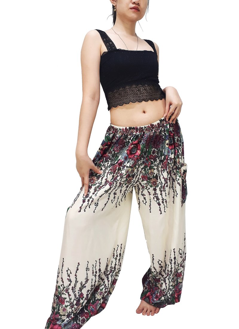 伦裤 碎花裤 波希米亚风格长裤 奶油色嫘萦裤 - 男士长裤 - 其他材质 