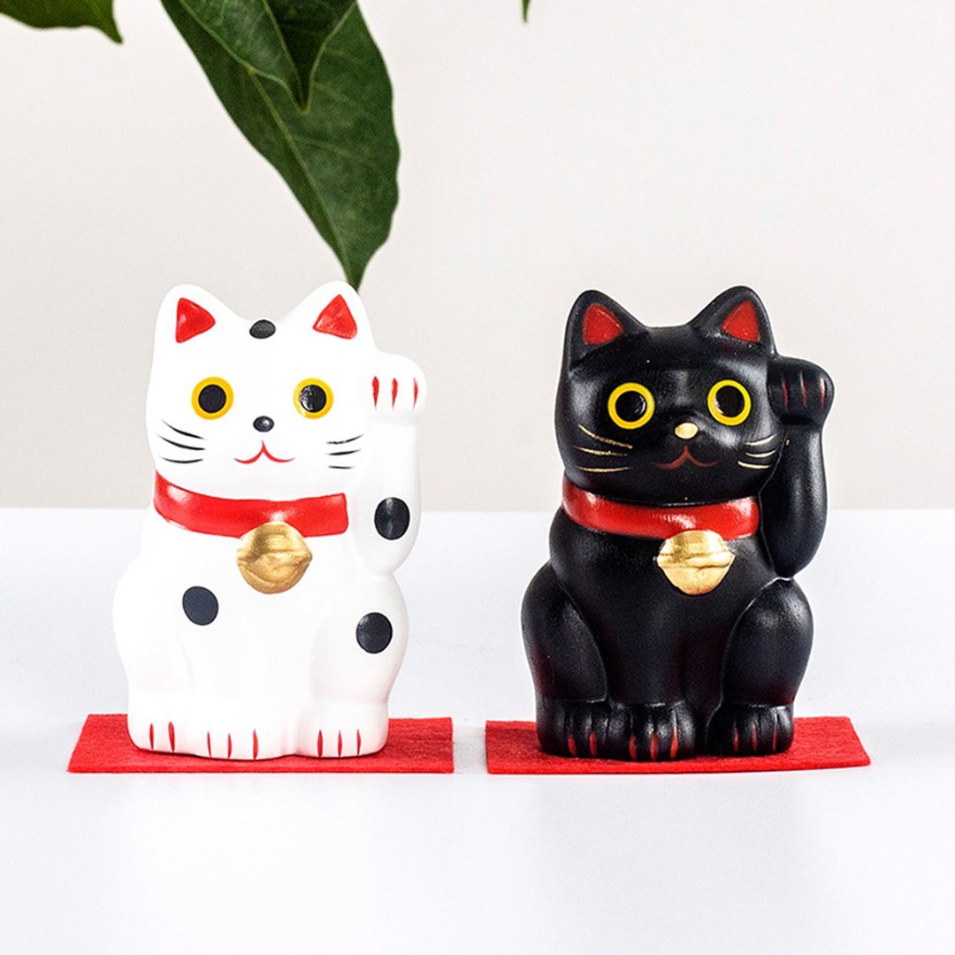 日本药师窑白色黑色招财猫摆件生日开业日式礼物陶瓷可爱汽车车载 - 摆饰 - 陶 