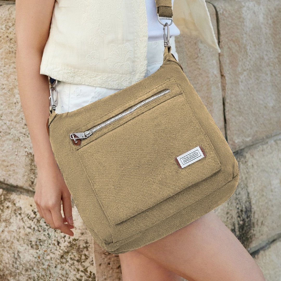 美国 TRAVELON Heritage 帆布 3 层防盗 HOBO 包 (牛仔沙) | RFID - 侧背包/斜挎包 - 聚酯纤维 卡其色
