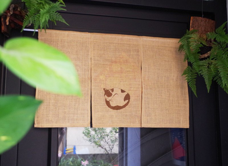 刺绣猫咪日式门帘(包杆式)(米色 麻植) __家饰类 包邮 文青 - 门帘/门牌 - 棉．麻 卡其色