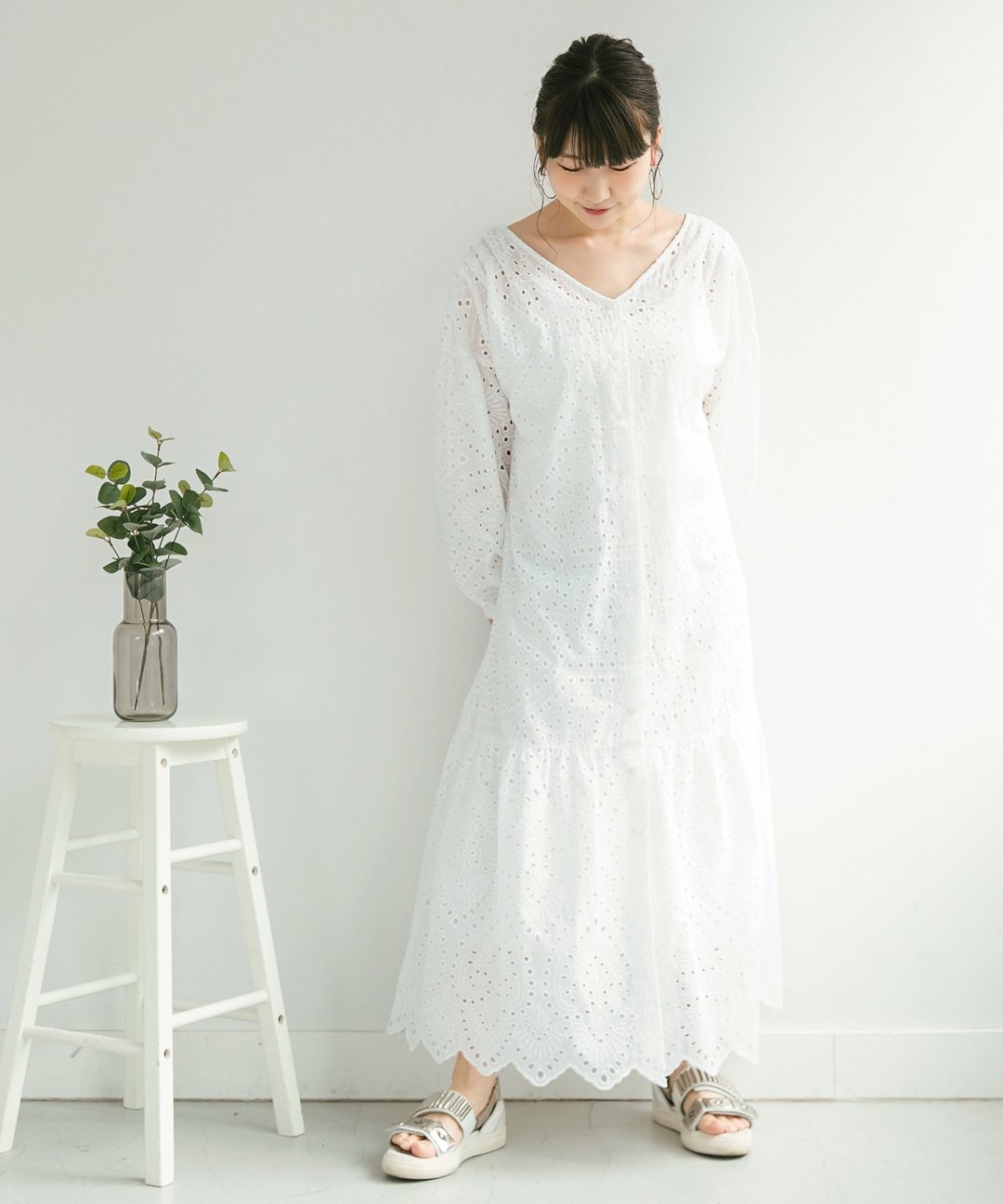 One piece cotton lace long design / JS × momo.yokko - 洋装/连衣裙 - 棉 白色