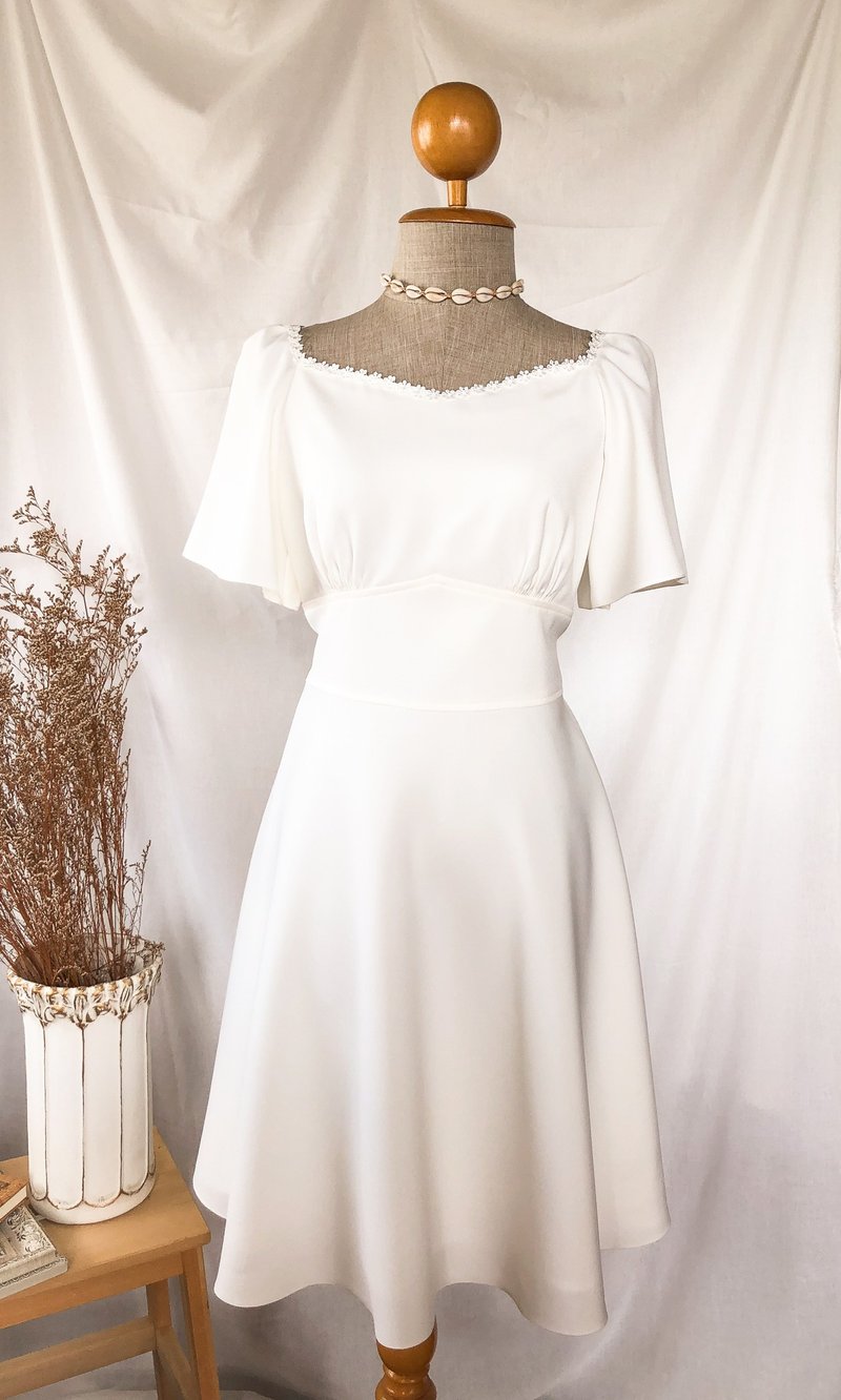 White wedding dress vintage rustic Nordic bohemian white gown party dress summer - 洋装/连衣裙 - 聚酯纤维 白色