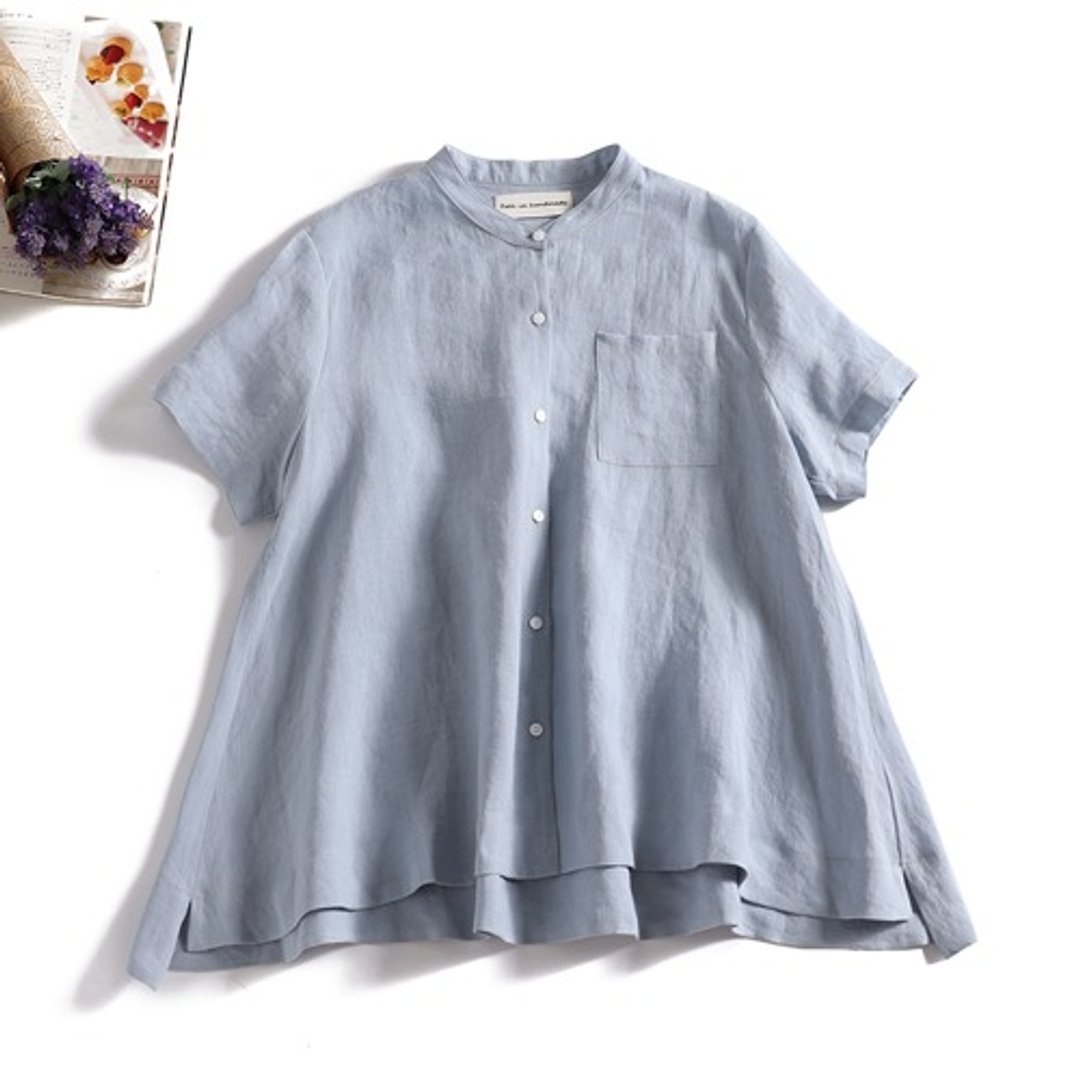 率性清爽顶级亚麻衬衫 上衣 100%亚麻 短袖 浅蓝色 190710-5 - 女装上衣 - 棉 
