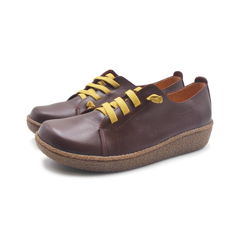 W&M 大圆头日系免绑懒人休闲鞋 女鞋-咖底黄线 - 女款休闲鞋 - 真皮 