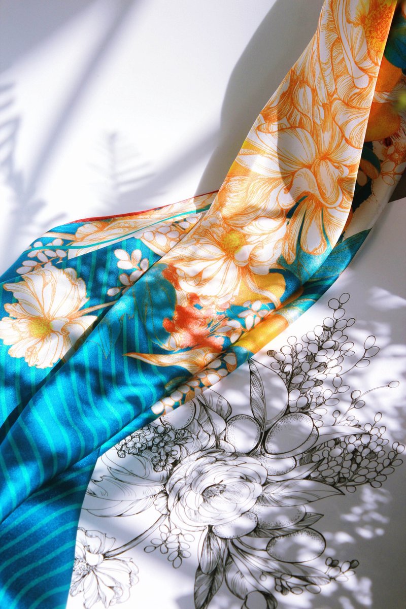 原创手绘复古真丝方巾花下眠 - 丝巾 - 丝．绢 