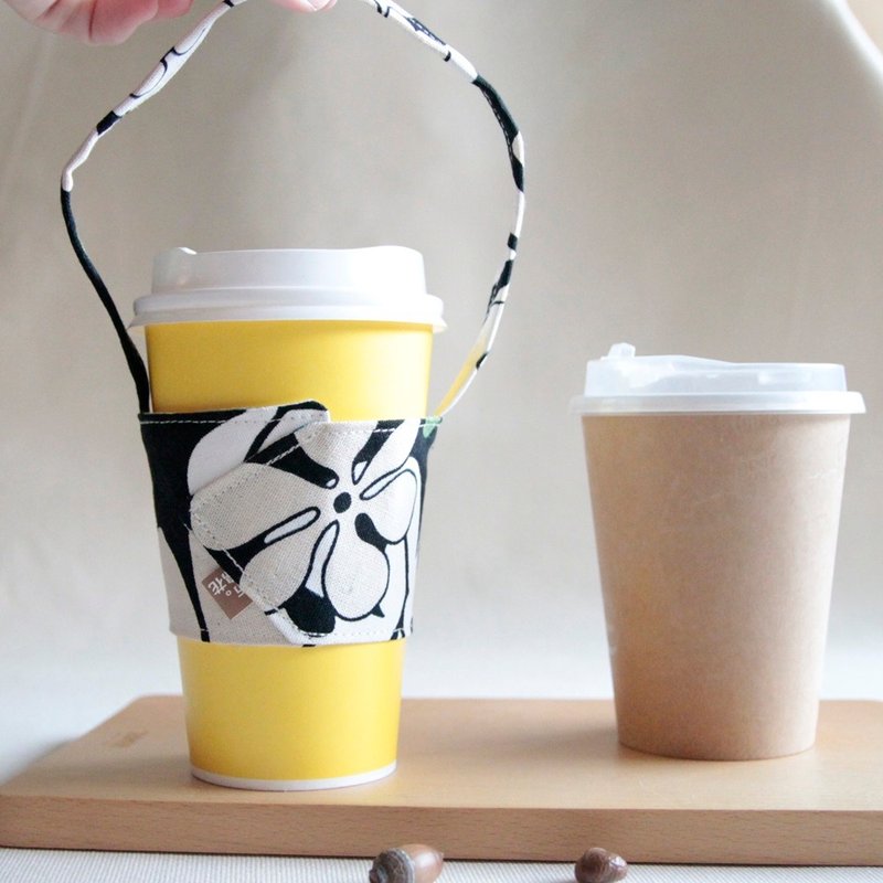 环保手提杯套, 热带植物蔓绿绒 - 随行杯提袋/水壶袋 - 棉．麻 黑色